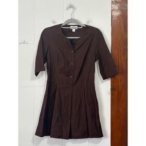 Talbots Petites Brown Cotton Fit and Flare Dress Button Front Elbow Sleeve 4P